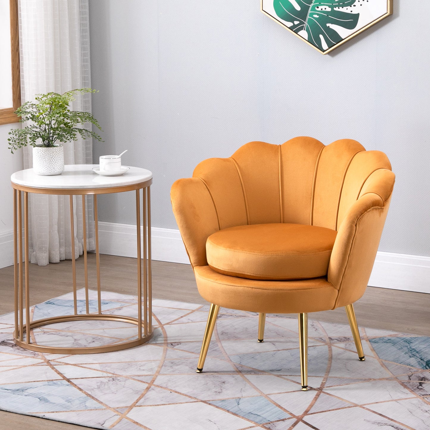 Modern Accent Chair, Velvet-Touch Fabric Leisure Club Chair with Gold Metal Legs for Bedroom, Yellow