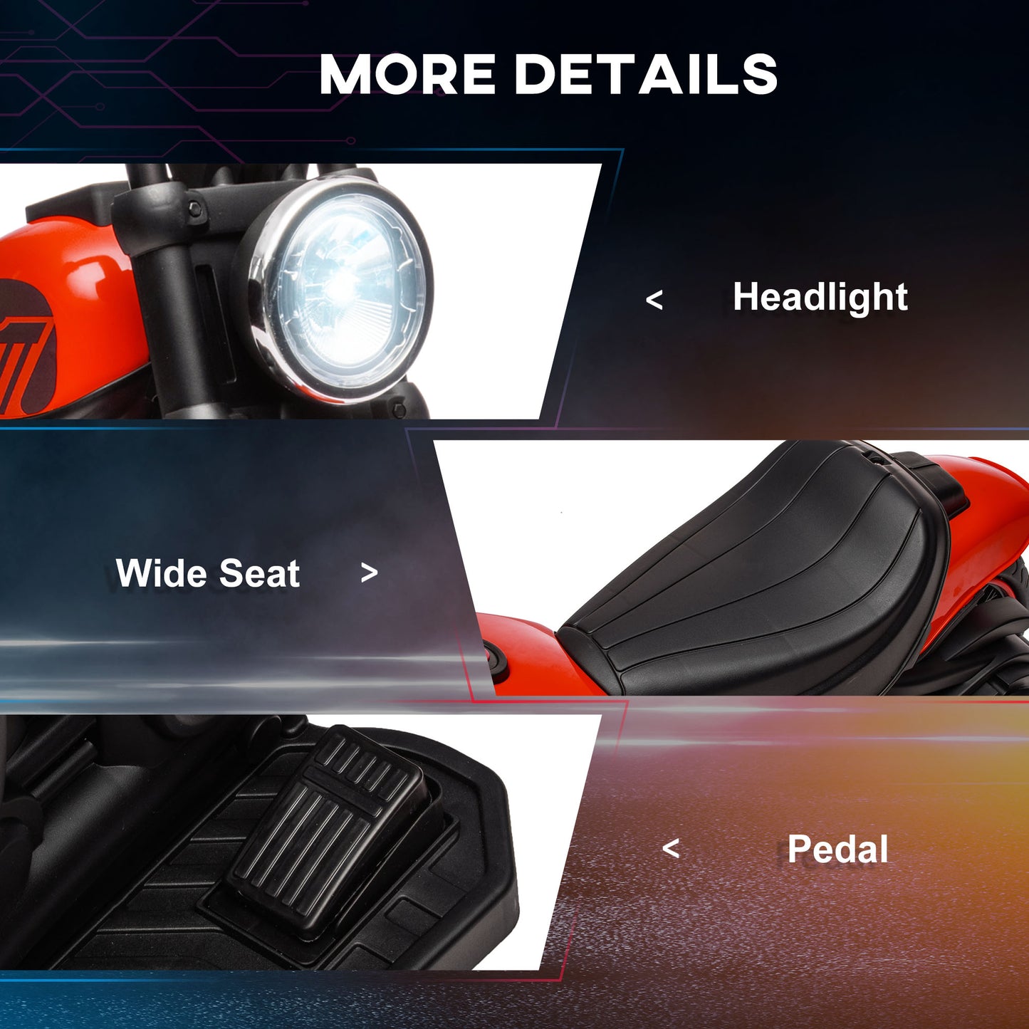 Aosom 6V Kids Motorcycle with Training Wheels, Foot Pedal, Headlight, Music, Forward/Reverse, Single-Button Start, Red