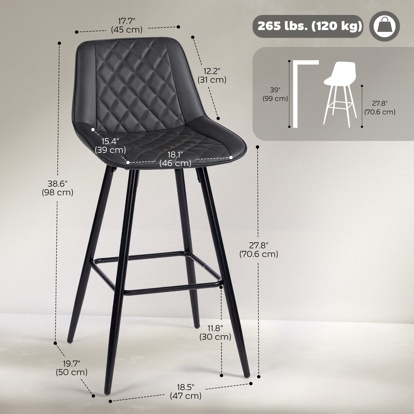 PU Leather Counter Height Bar Chairs Set of 2, 27.75" Bar Stools with Metal Legs for Dining Area, Kitchen Island, Black
