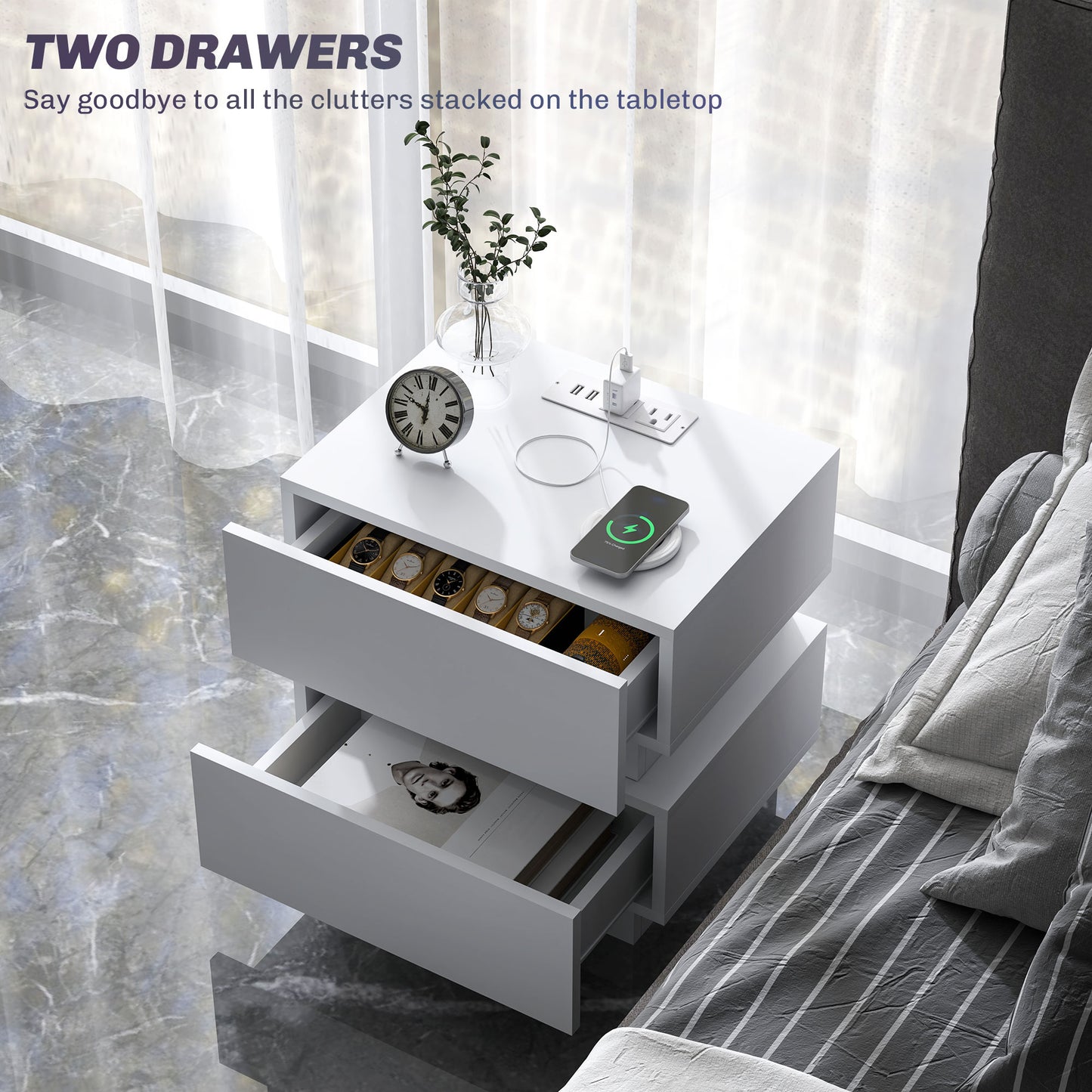 Bedside Table with Charging Station and LED Light Modern Nightstand with USB Ports AC Outlets Drawers Remote, White
