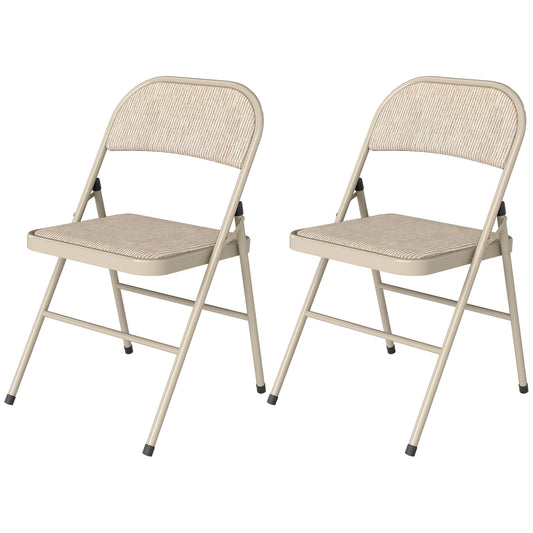 Set of 2 Metal Foldable Chairs, Faux Linen Padded Folding Chairs with Cushion Seat and Open Back for Indoor, Beige