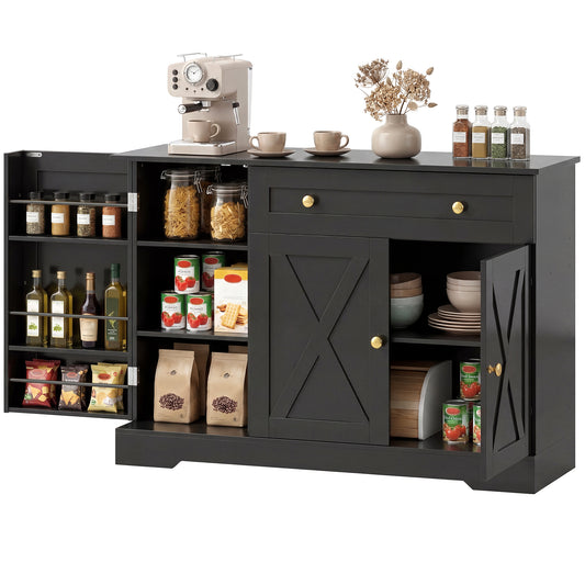 Sideboard Buffet Cabinet, Farmhouse Coffee Bar Cabinet with Door Shelves, Adjustable Shelves, Drawer, Barn Doors, Black