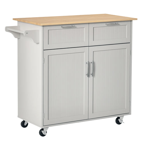 41" Kitchen Island with Storage and Solid Wood Top, Rolling Kitchen Cart on Wheels with 2 Storage Drawers, 2 Doors and Towel Rack for Dining Room, Grey
