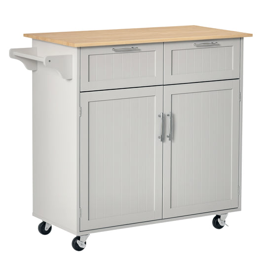 41" Kitchen Island with Storage and Solid Wood Top, Rolling Kitchen Cart on Wheels with 2 Storage Drawers, 2 Doors and Towel Rack for Dining Room, Grey