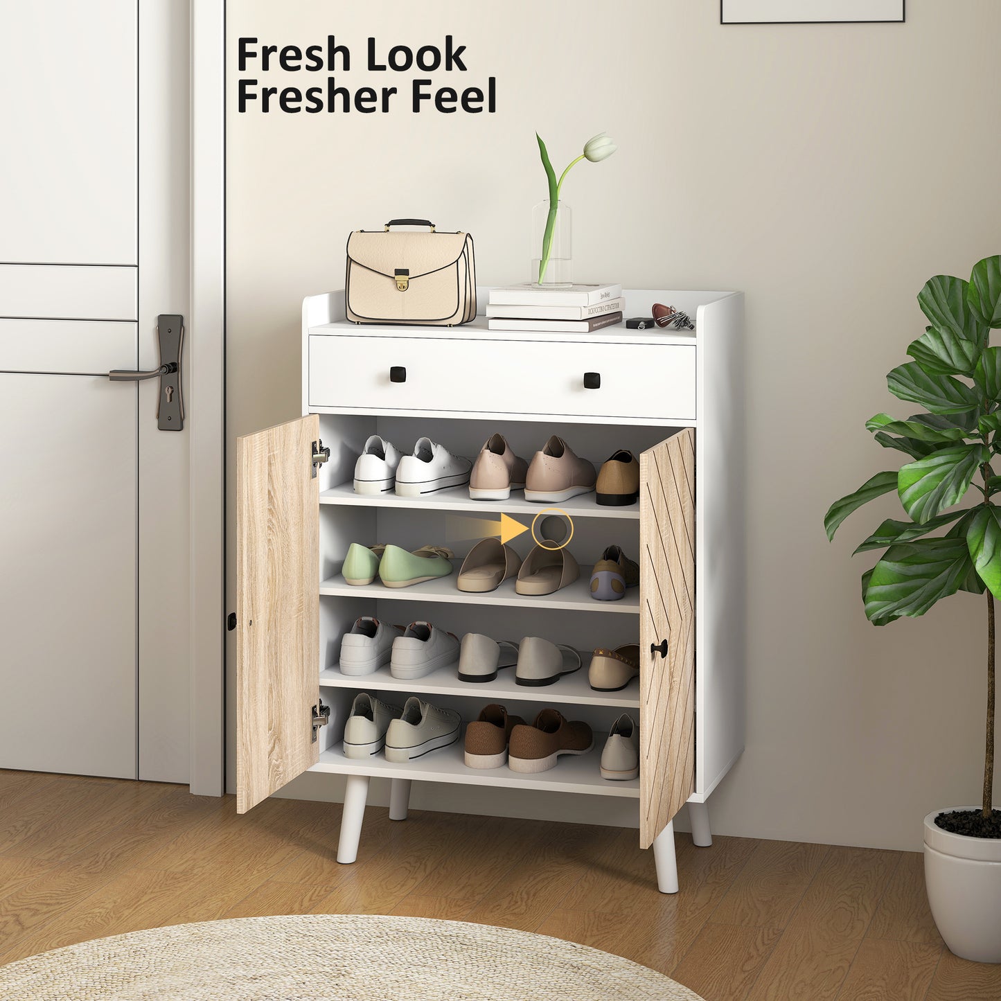 Shoe Cabinet for Entryway, Modern Shoe Storage Cabinet with Adjustable Shelves and Drawer for 12 Pairs, White