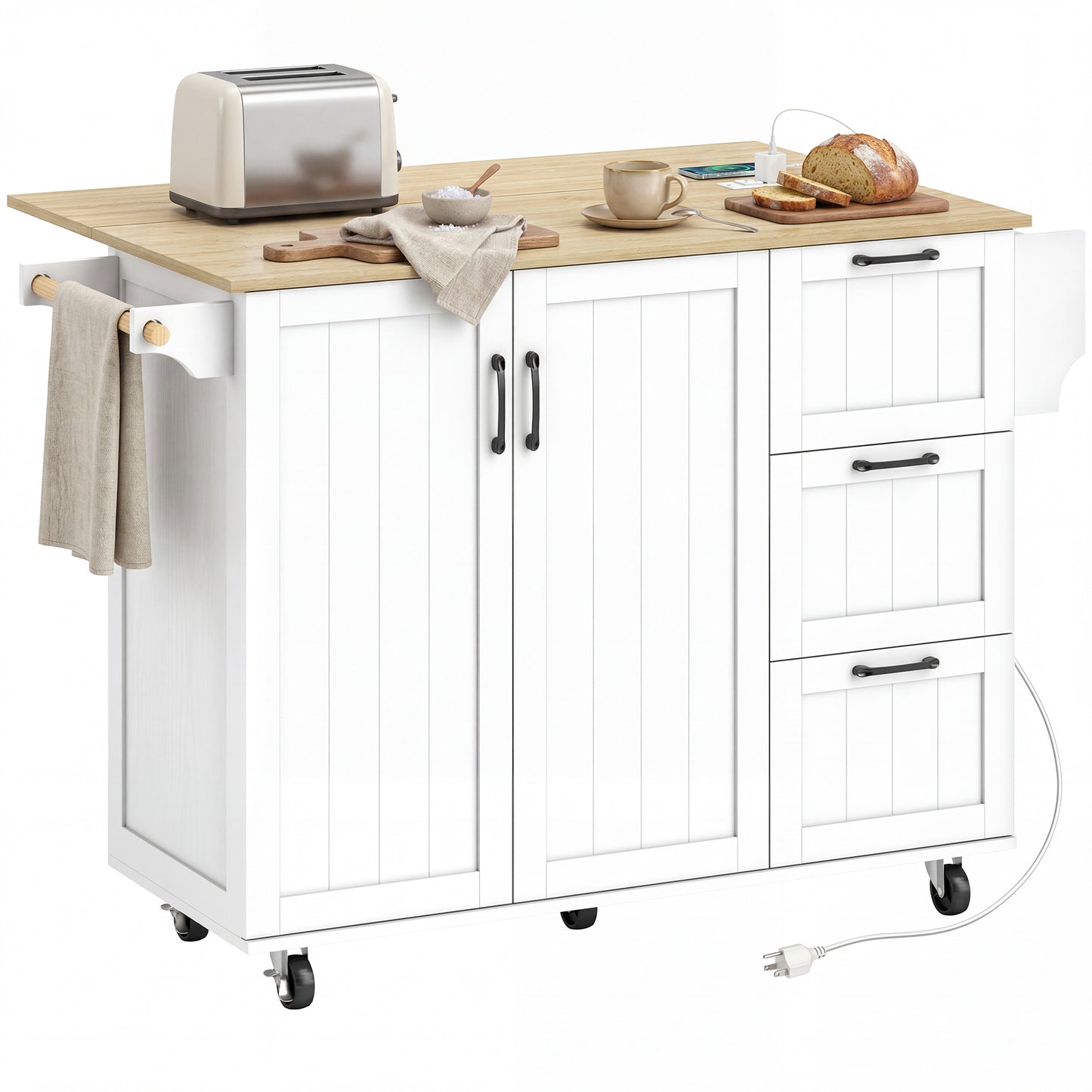 Kitchen Island with Drop Leaf, Rolling Kitchen Cart with Power Outlet, Cabinet, 3 Drawers, Spice Rack, Towel Bar, White