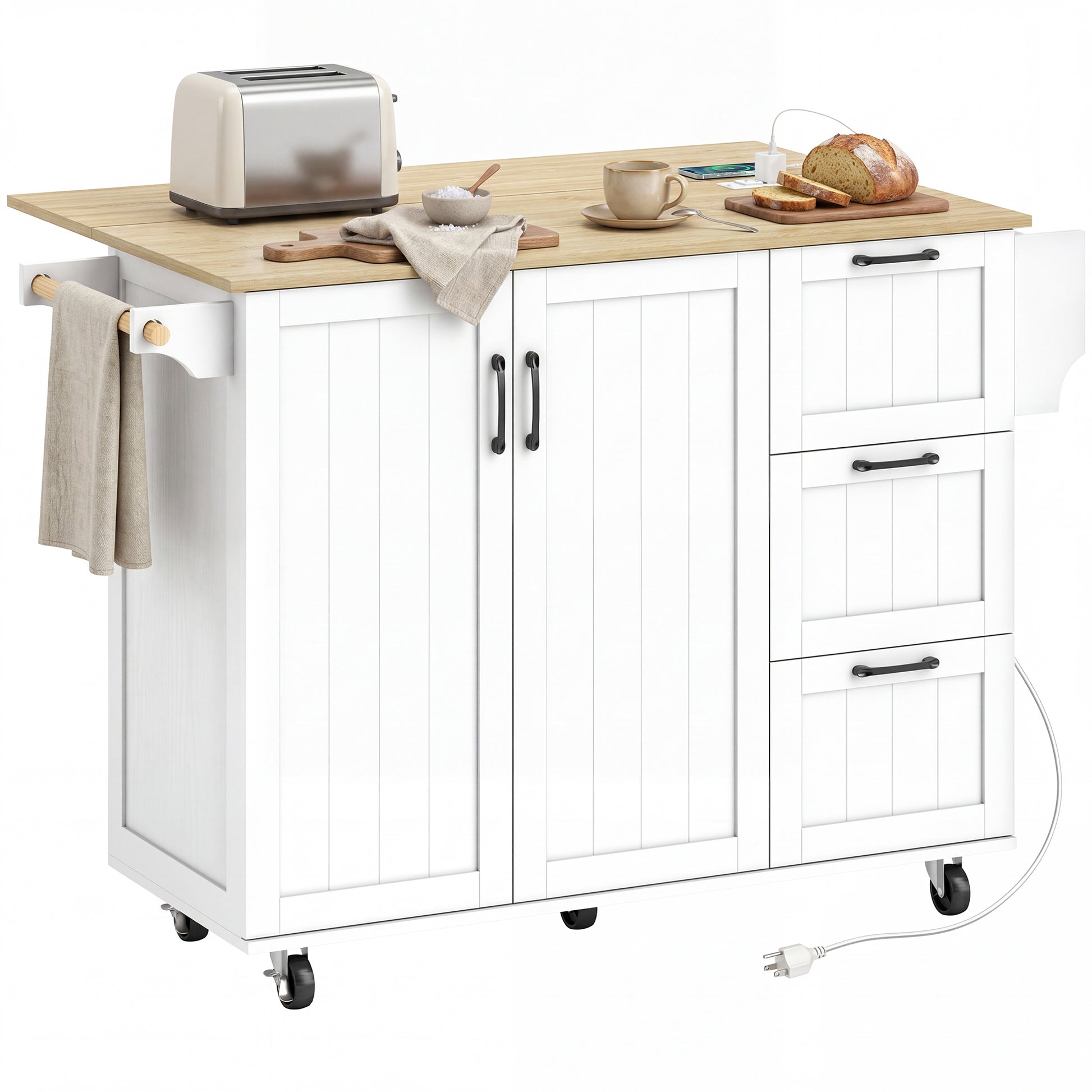 Kitchen Island with Drop Leaf, Rolling Kitchen Cart with Power Outlet, Cabinet, 3 Drawers, Spice Rack, Towel Bar, White