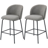 Set of 2 Counter Height Barstools, Upholstered Linen Bar Stools with Backrest, Footrest and Steel Legs, Dark Grey
