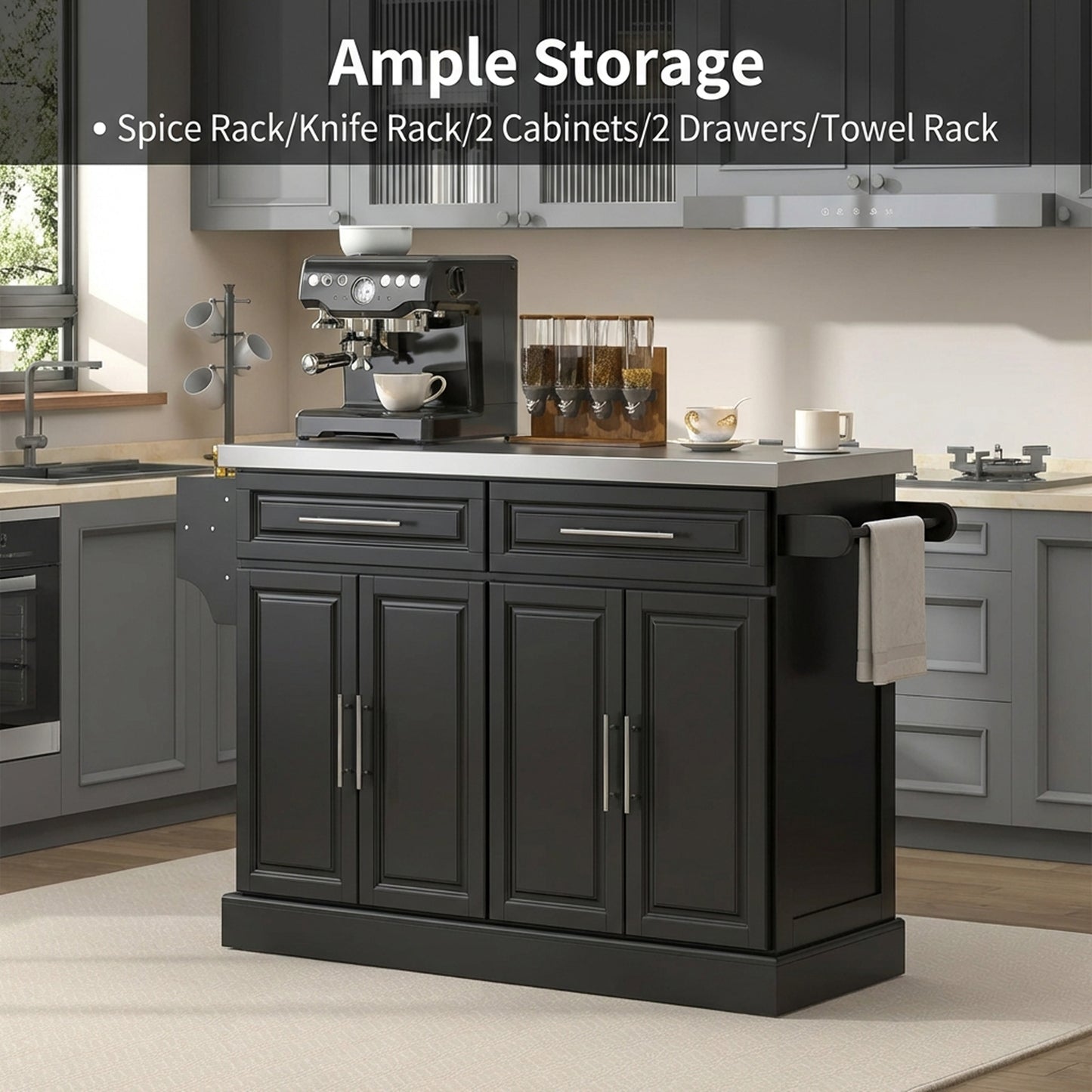 Rolling Kitchen Island with Storage and Stainless Steel Top, Kitchen Trolley with Drawers, Cabinets, Towel Rack