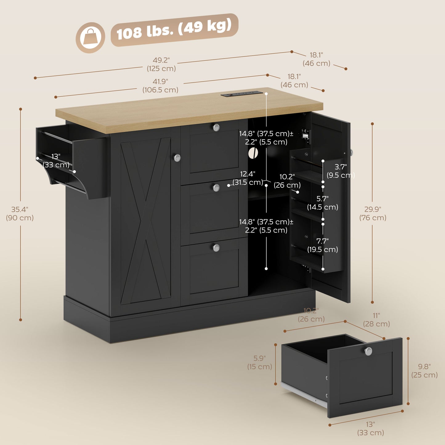 Farmhouse Kitchen Island Cart with Power Outlet and Soft-Close Doors, 49" Kitchen Island with 3 Drawers, Black