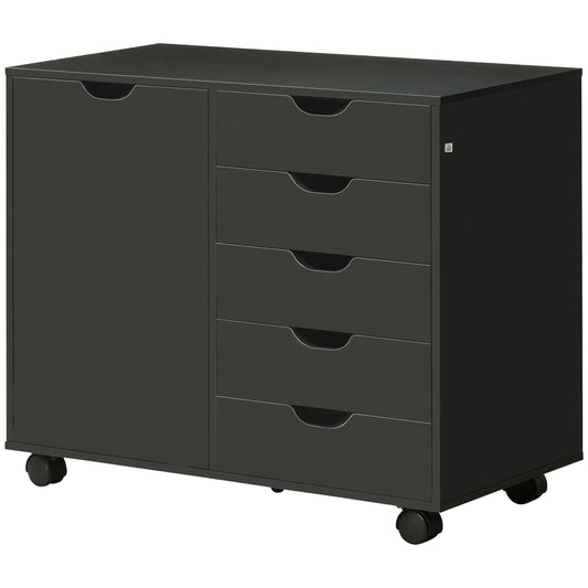 Lateral Filing Cabinet, 5-Drawers File Cabinet with Door and Adjustable Shelf, Mobile Office Storage Cabinet on Wheels, Printer Stand for Home Office, Black
