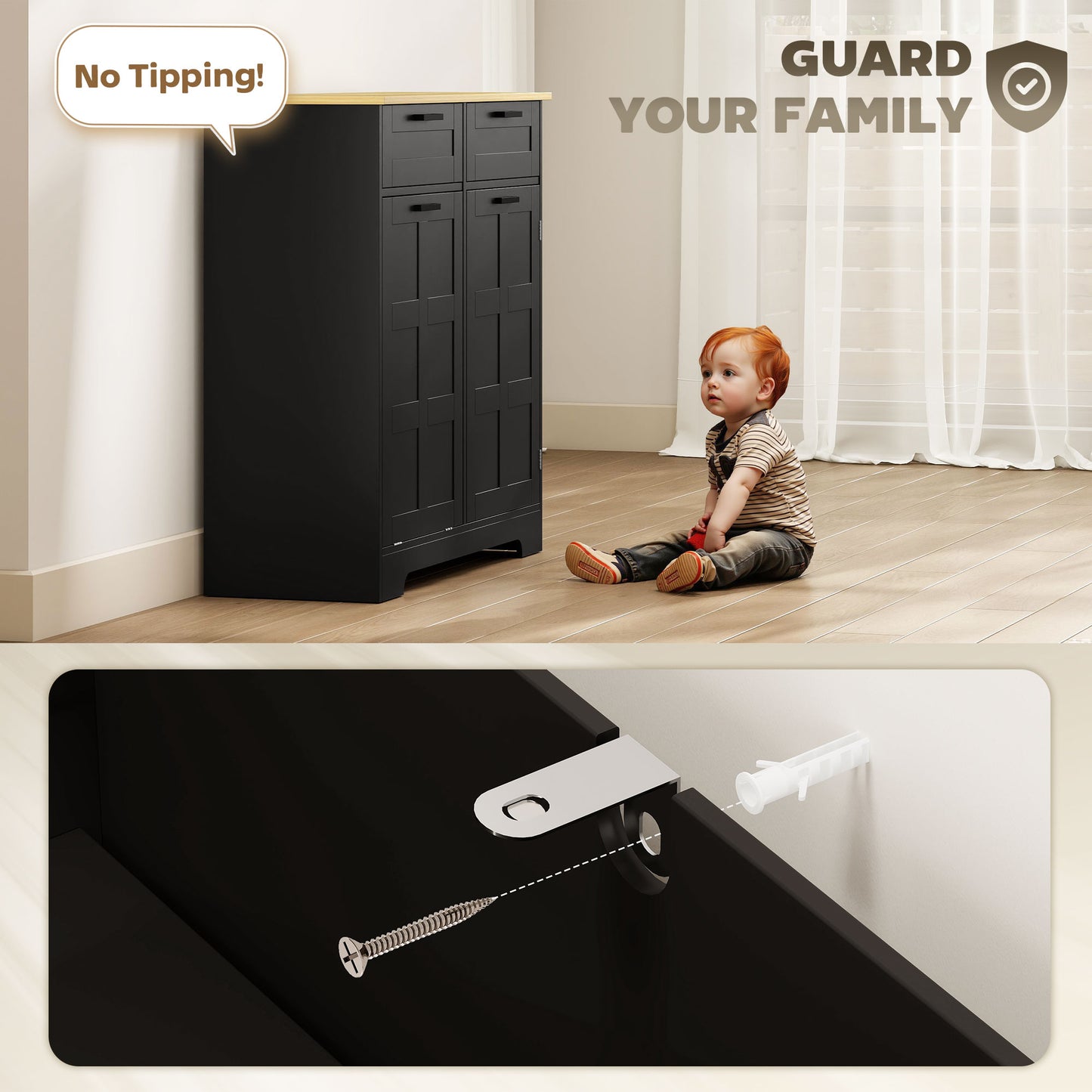 13 Gallon Tilt Out Garbage Cabinet, Kitchen Island with Trash Cabinet, 2 Drawers, Door Racks, Adjustable Shelves, Black