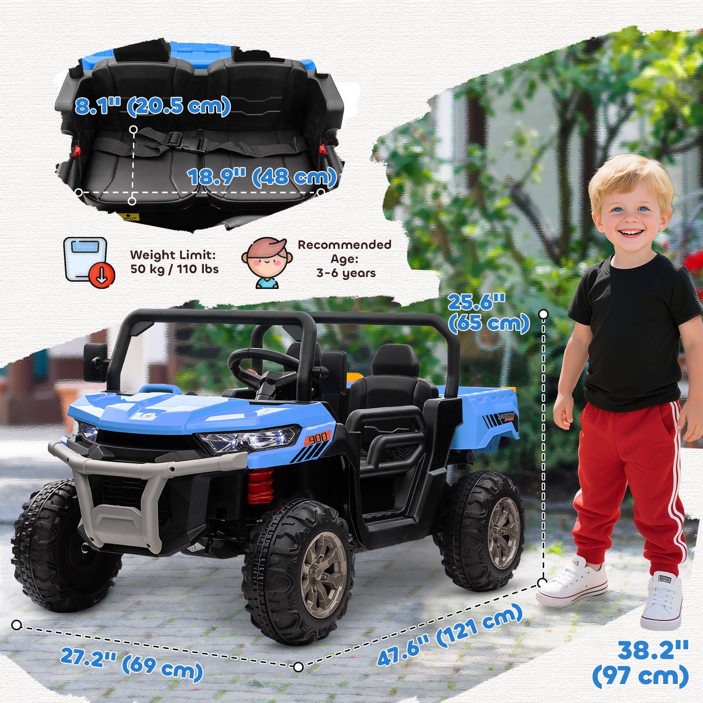 Aosom 12V Ride on Car with Electric Bucket, Two-Seater, Shovel, Remote Control, Spring Suspension, Horn, Music, Blue