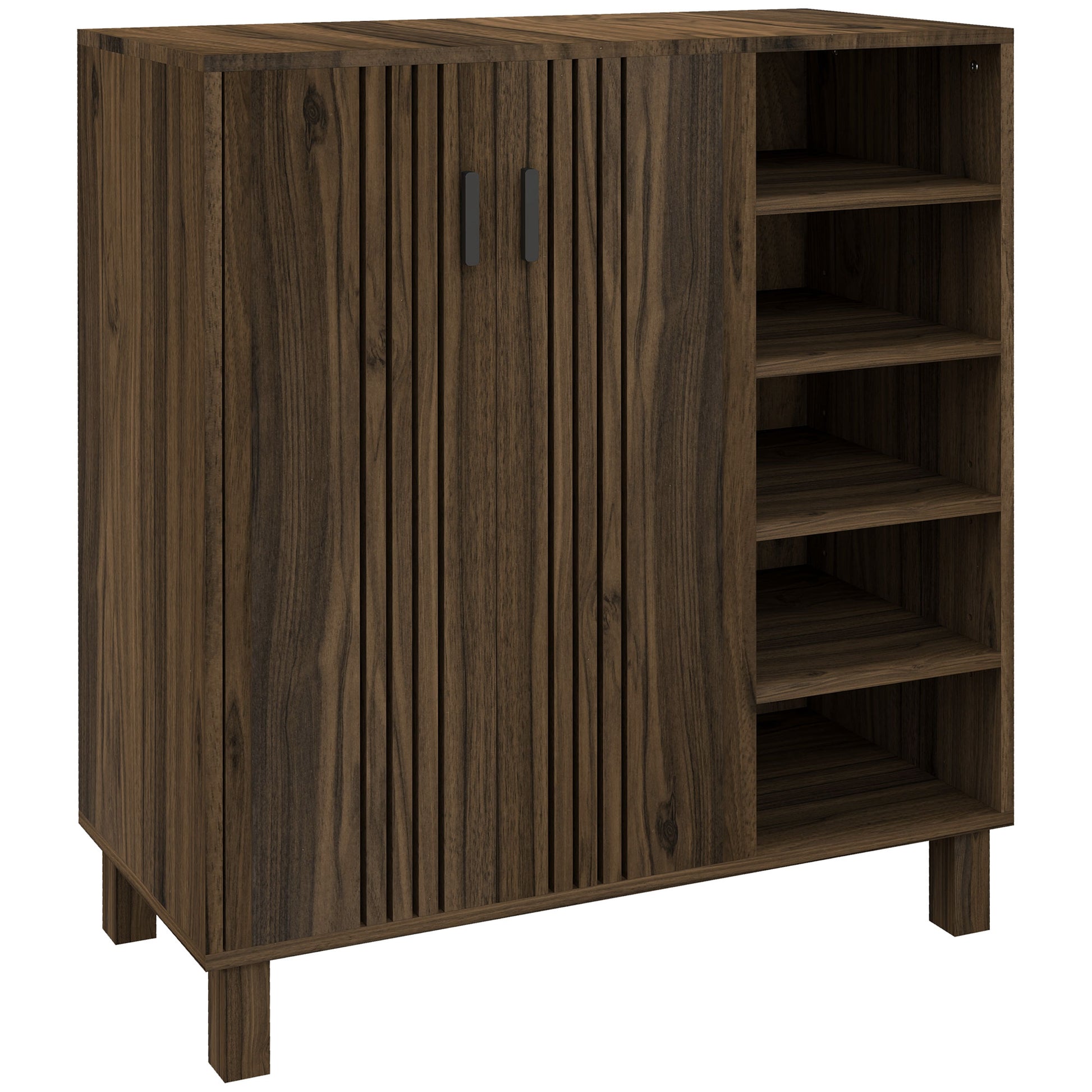 Shoe Storage with Double Doors and Open Shelves 17 Pair Shoe Storage Organizer for Entryway Hallway Walnut