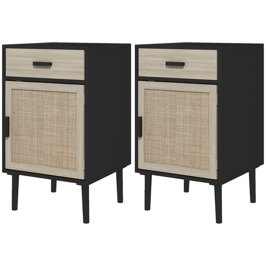 Boho Bedside Tables Set of 2, Nightstands with Drawer, Rattan Cabinet, Adjustable Shelf for Bedroom, Living Room, Black