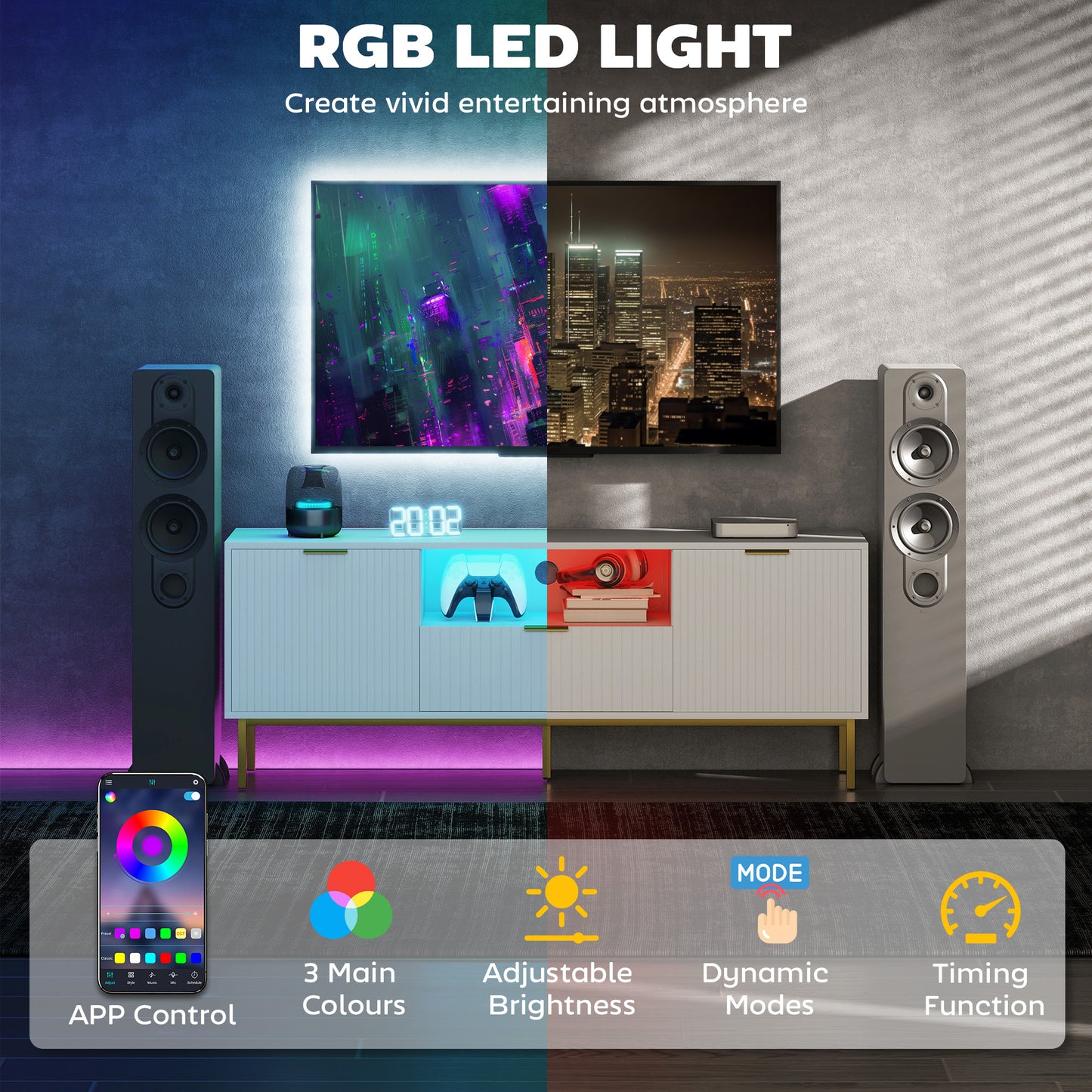 Modern TV Console for TVs up to 60 Inch, Entertainment Center with Smart RGB LED Lights and Soft Close Doors, White
