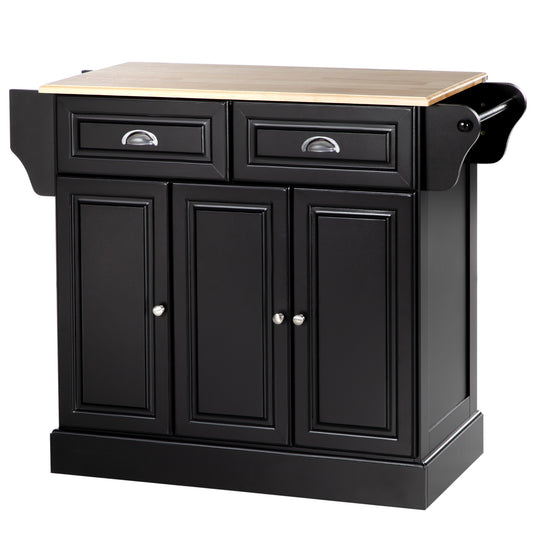 Kitchen Island with Storage Rolling Kitchen Serving Cart with Rubber Wood Top Towel Rack Storage Drawer Cabinet, Black