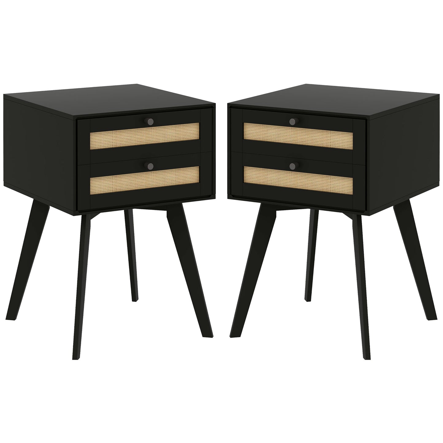 Boho Night Stands Set of 2, Bedside Tables with 2 Rattan Drawers, Square End Tables for Bedroom, Living Room