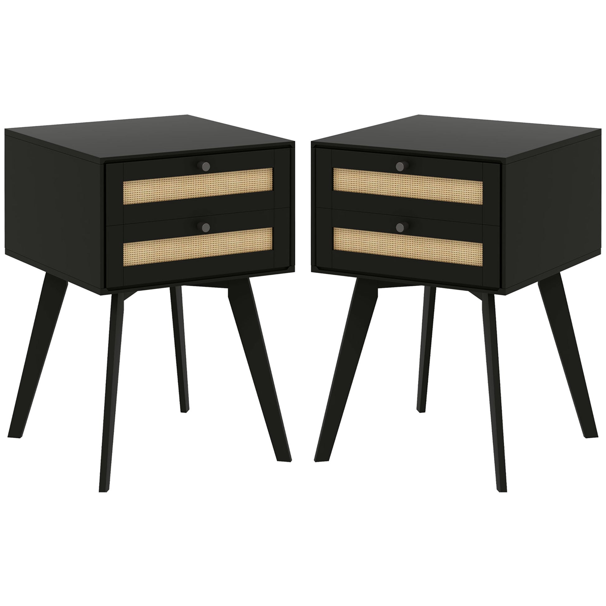 Boho Night Stands Set of 2, Bedside Tables with 2 Rattan Drawers, Square End Tables for Bedroom, Living Room