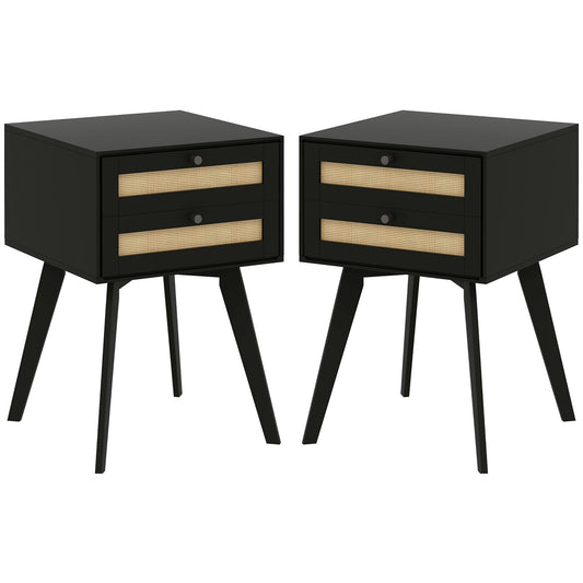Boho Night Stands Set of 2, Bedside Tables with 2 Rattan Drawers, Square End Tables for Bedroom, Living Room