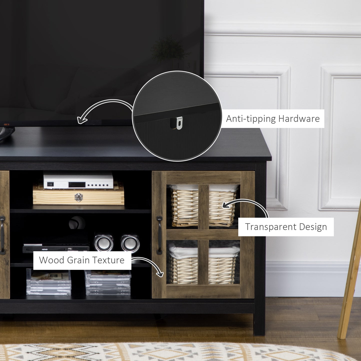 TV Stand for TVs up to 55 Inches, TV Cabinet with Adjustable Shelves and Cable Holes, TV Bench for Living Room, Black