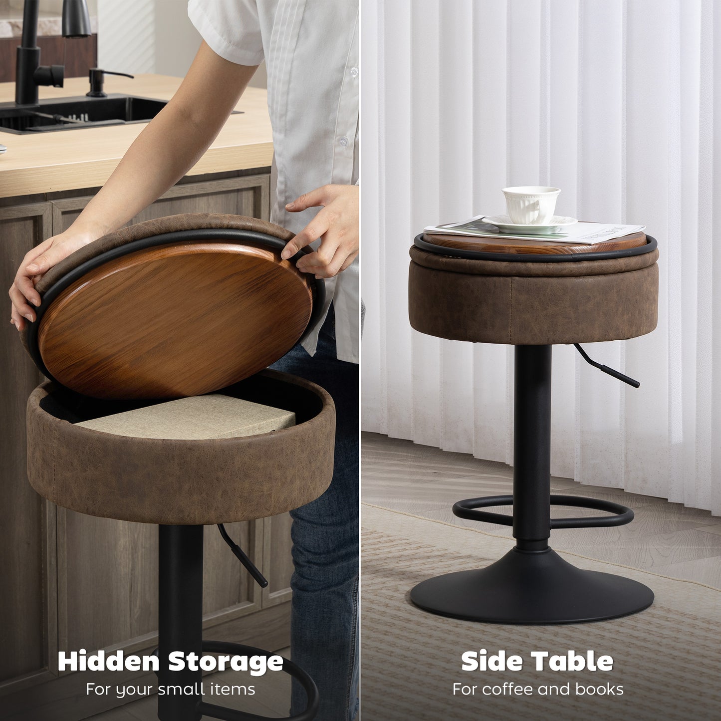 Set of 2 Barstools with Storage, Swivel Bar Stools with PU Leather Upholstered, Footrest, Steel Base, Brown