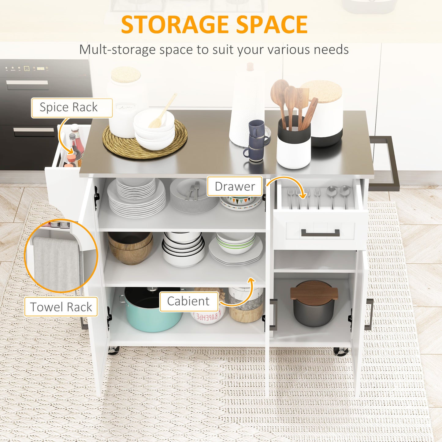 Kitchen Island with Storage, Rolling Kitchen Cart on Wheels, Kitchen Island with Storage, Drawer, 3 Cabinets, Stainless Steel Countertop, Spice Rack and Towel Rack, White