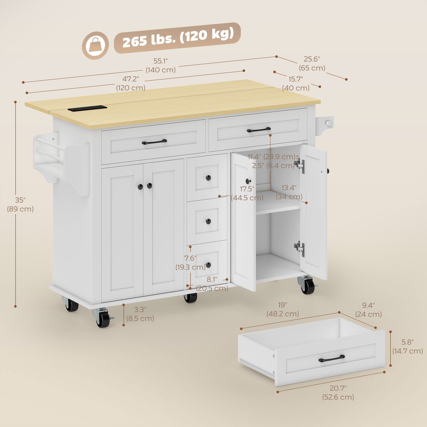 Kitchen Island Cart with Power Outlet & Drop Leaf, 55" Rolling Kitchen Island on Wheels with Storage, White