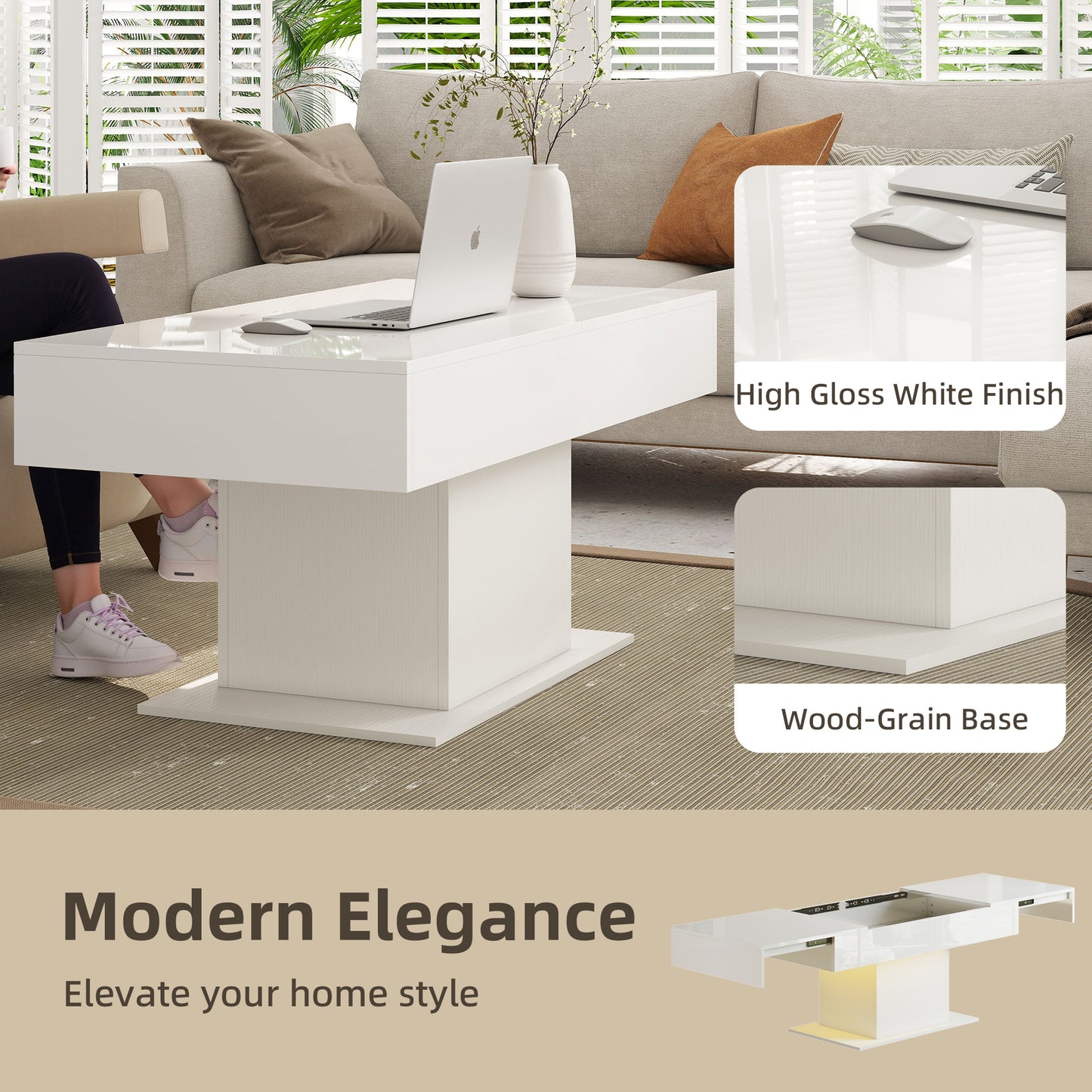 Extendable Coffee Table with LED Lights, Modern High Gloss Center Table with Hidden Storage for Living Room, White