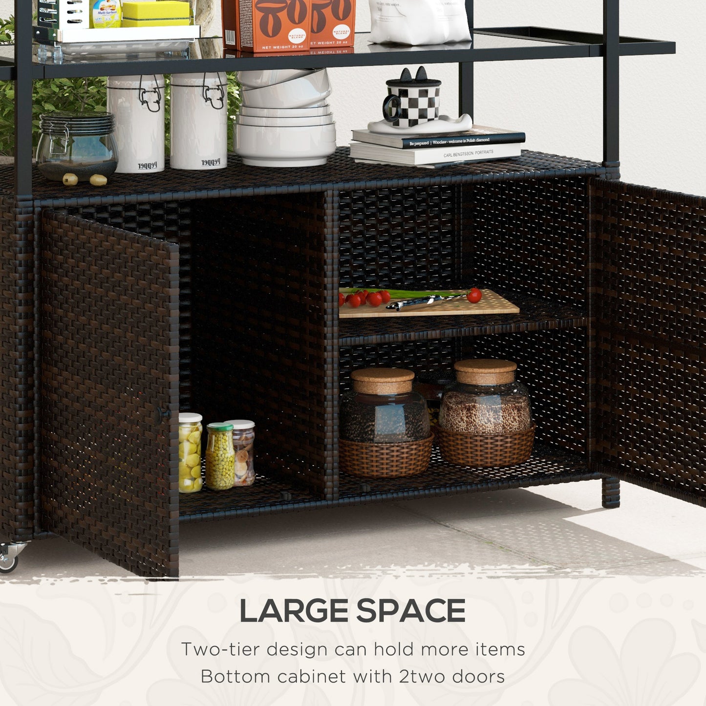 2-Tier PE Rattan Outdoor Bar Cart, Glass Top Outdoor Kitchen Island with Cabinet, Mixed Brown