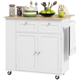 Kitchen Island with Power Outlet and Drop Leaf, Rolling Kitchen Cart with 2 Drawers and Adjustable Shelves, White