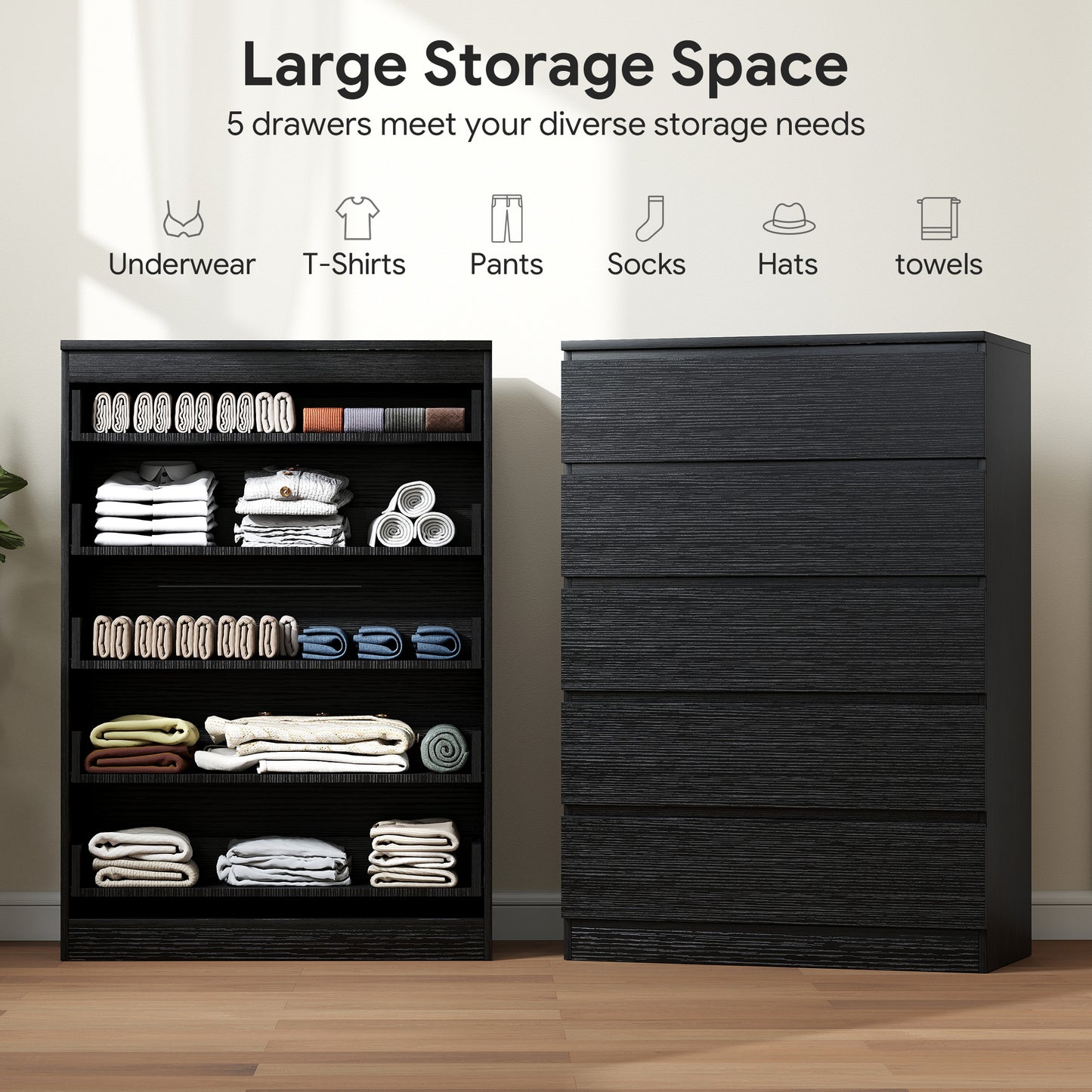 Dresser for Bedroom with 5 Drawers, Modern Chest of Drawers for Living Room, Closet, Hallway, Black