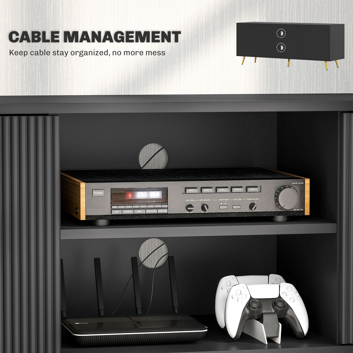 TV Stand with Storage for 55 Inch TV, Modern TV Cabinet with 2 Open Shelves and 2 Cabinets for Living Room, Black