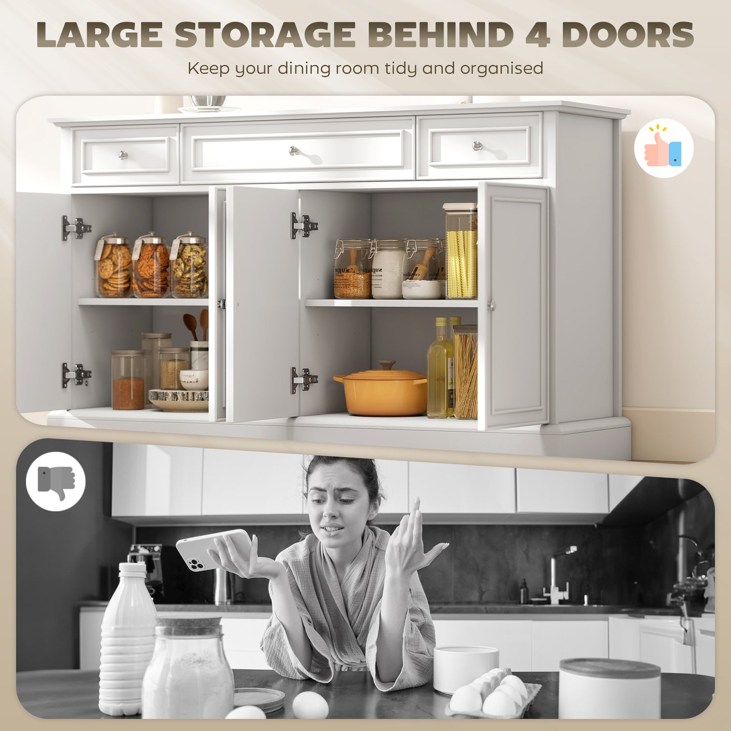 Sideboard Buffet Cabinet, 54" Kitchen Storage Cabinet with Soft-Close Doors, 3 Drawers and 2 Adjustable Shelves, White