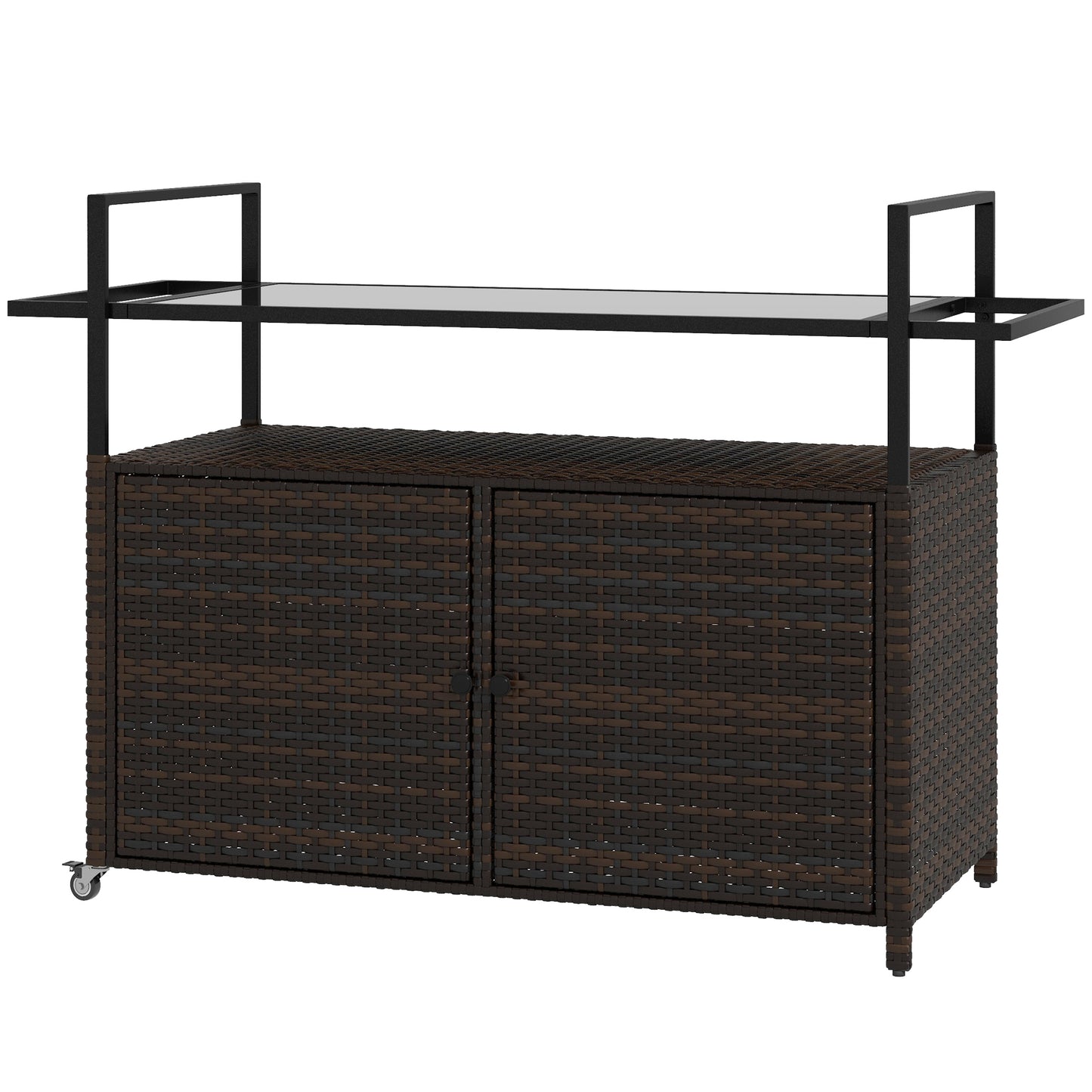 2-Tier PE Rattan Outdoor Bar Cart, Glass Top Outdoor Kitchen Island with Cabinet, Mixed Brown