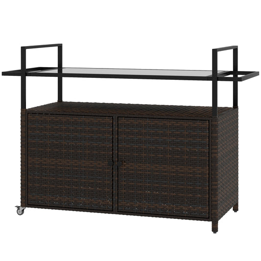 2-Tier PE Rattan Outdoor Bar Cart, Glass Top Outdoor Kitchen Island with Cabinet, Mixed Brown