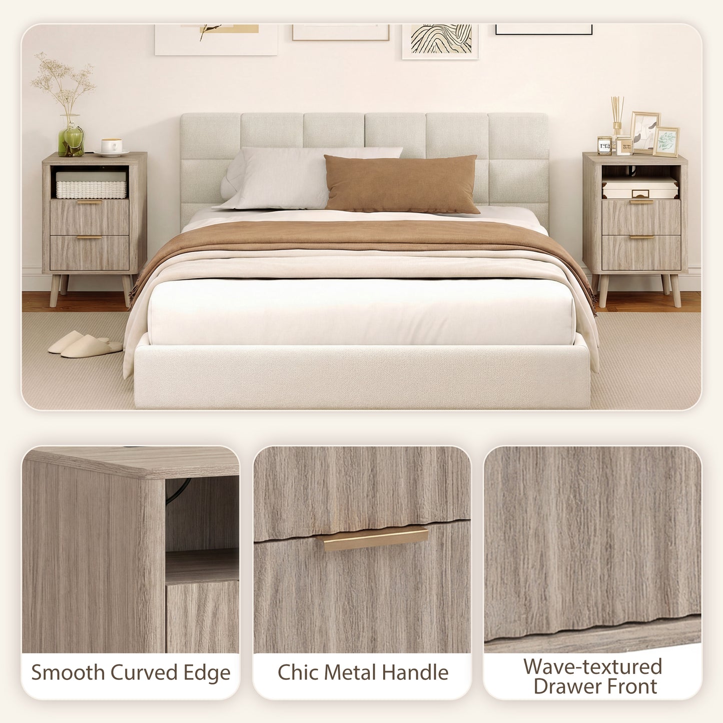 Nightstands Set of 2, Modern Bedside Tables with Charging Station, 2 Drawers and Open Shelf, Grey