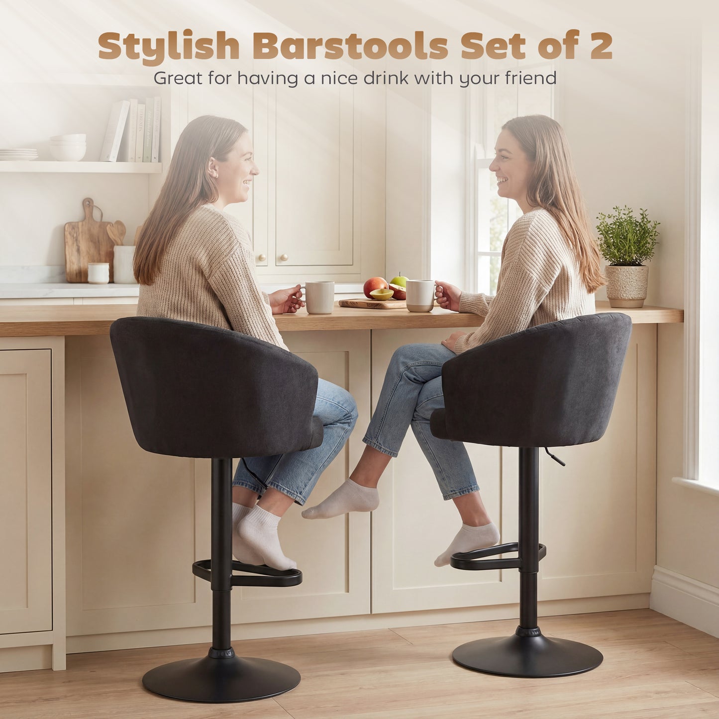 Adjustable Bar Stools Set of 2, Upholstered Kitchen Stools with Swivel Seat, Steel Frame, Footrest, ‎Black