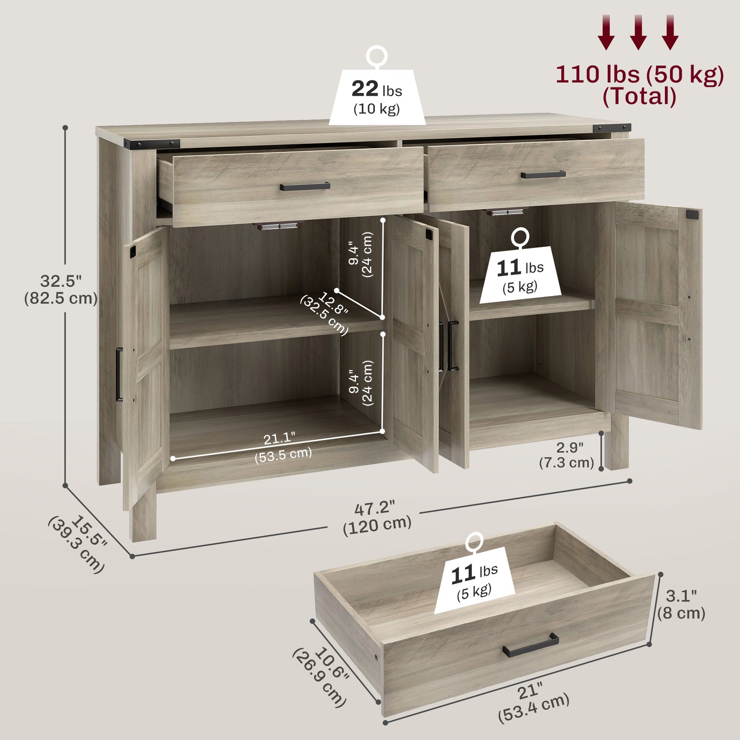 Side Cabinet, Farmhouse Kitchen Storage Cabinet w/ 2 Drawers and Shelves for Living Room, Entryway, Grey