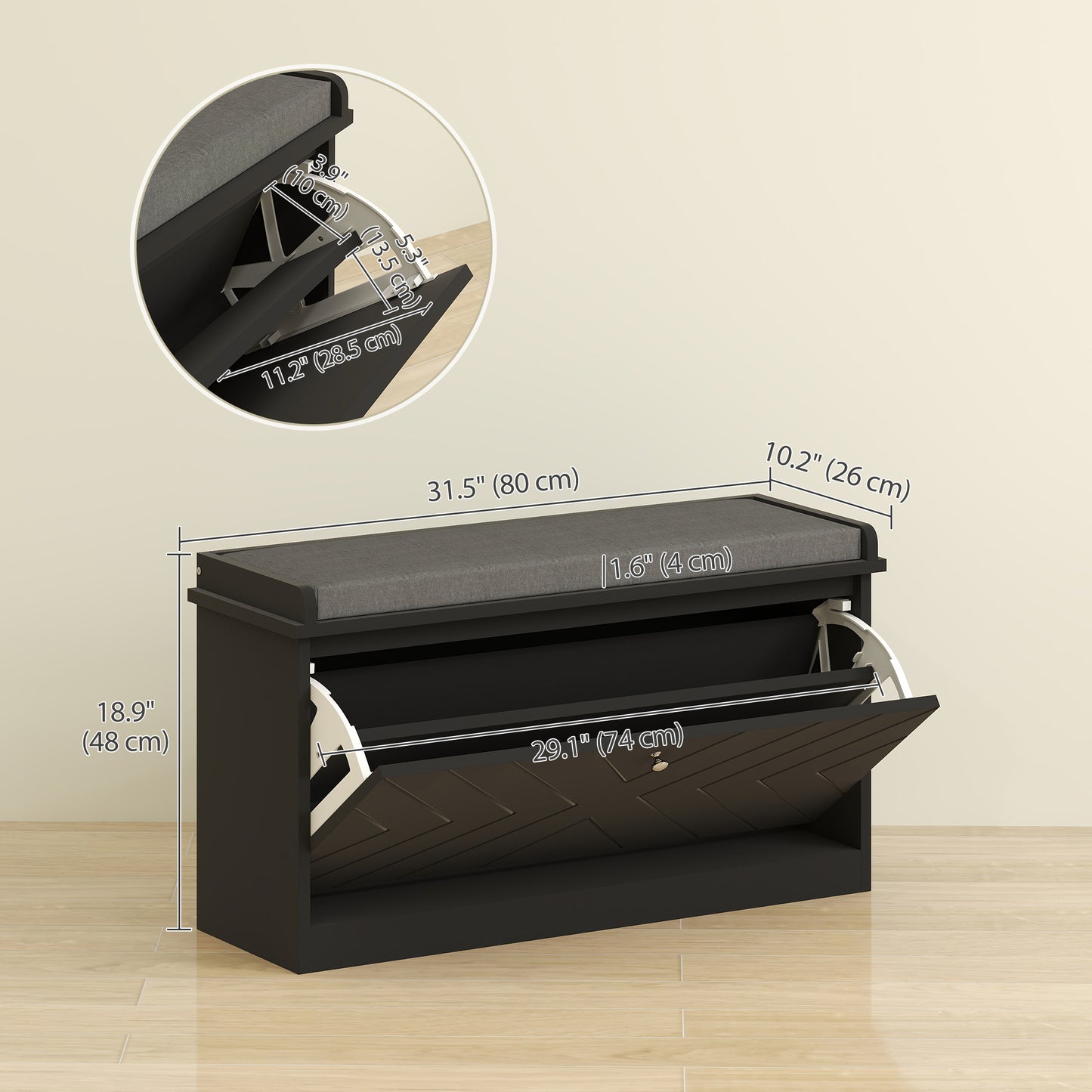 Shoe Storage with Seat, Upholstered Hallway Bench, Shoe Bench with Flip Drawer, Adjustable Shelf for 6-8 Pairs of Shoes