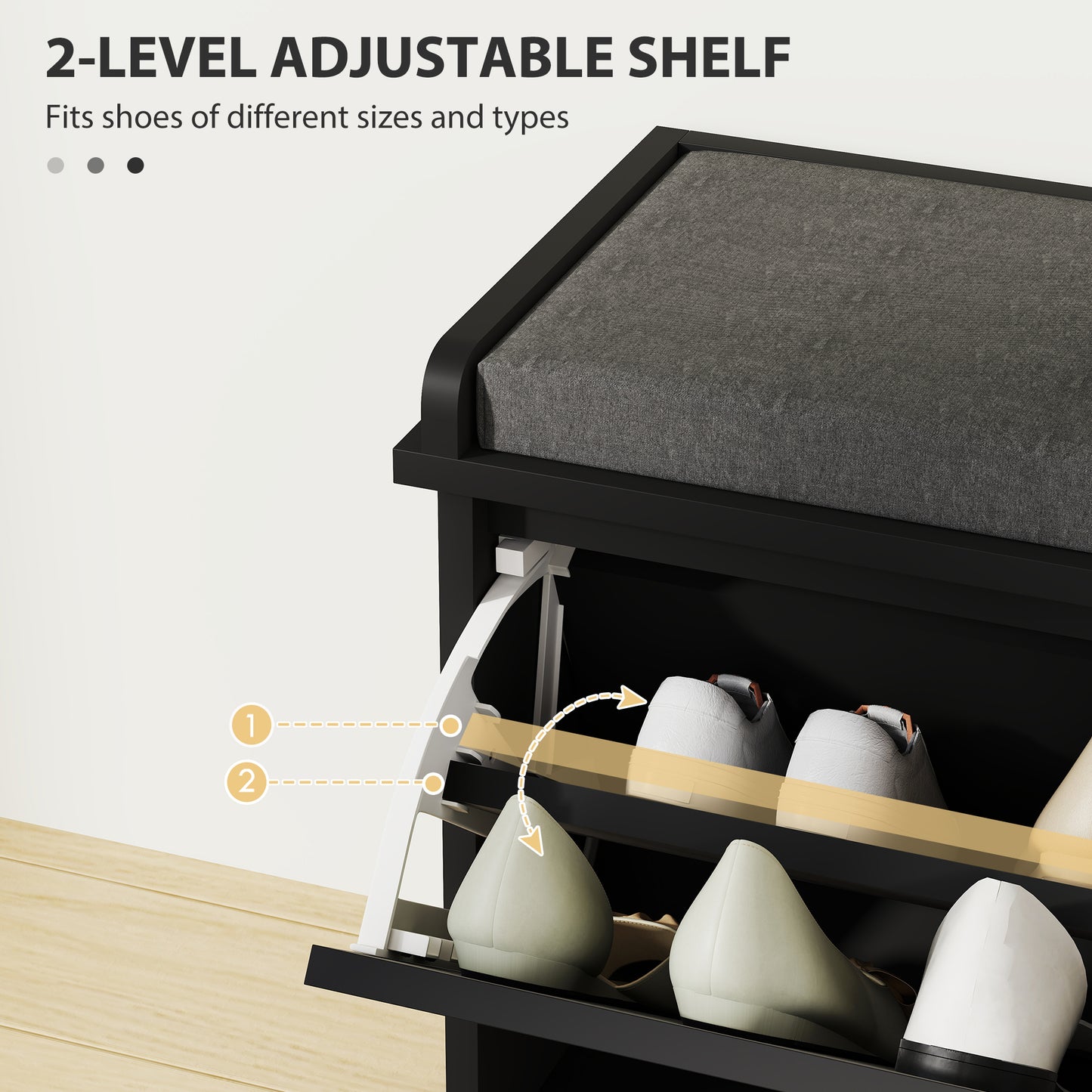 Shoe Storage with Seat, Upholstered Hallway Bench, Shoe Bench with Flip Drawer, Adjustable Shelf for 6-8 Pairs of Shoes