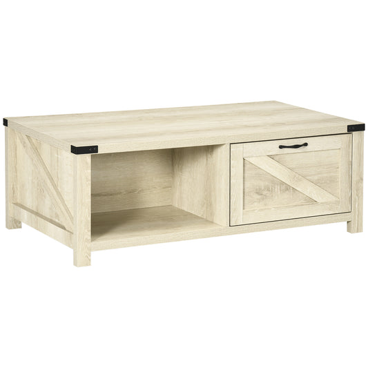 Industrial Coffee Table Side End Table with Drawer, Open Storage Shelf, Modern Farmhouse Furniture, for Living Room, Dining Room, Office, White Oak