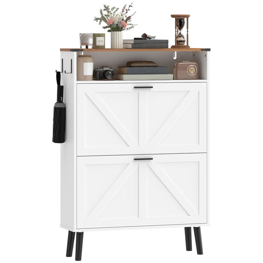 Shoe Storage Cabinet with 2 Flip Drawers, Farmhouse Narrow Shoe Cabinet, Holds Up to 16 Pairs, White