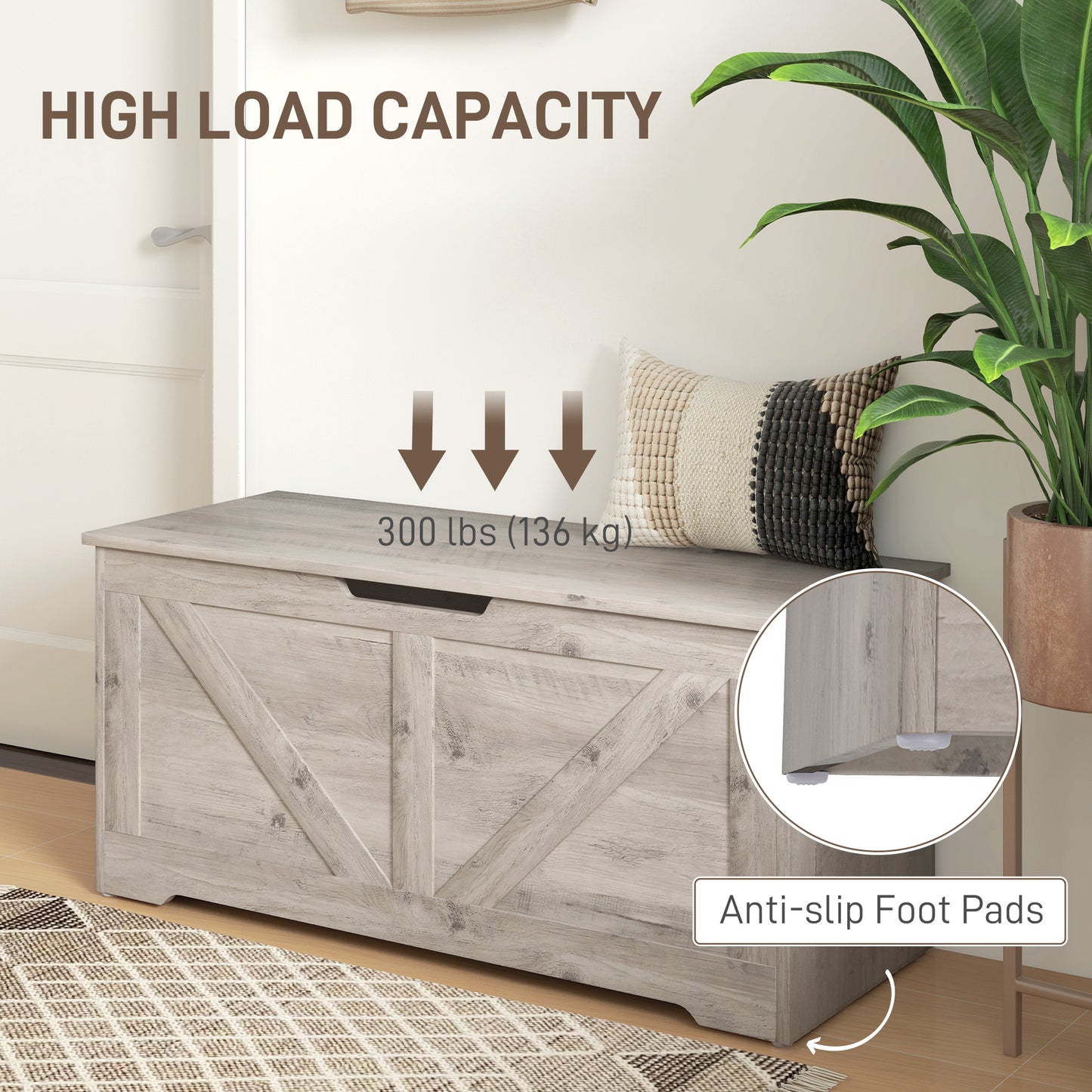 39.4 Inches Storage Chest, Storage Trunk with 2 Safety Hinges for Living Room, Grey Wood Grain