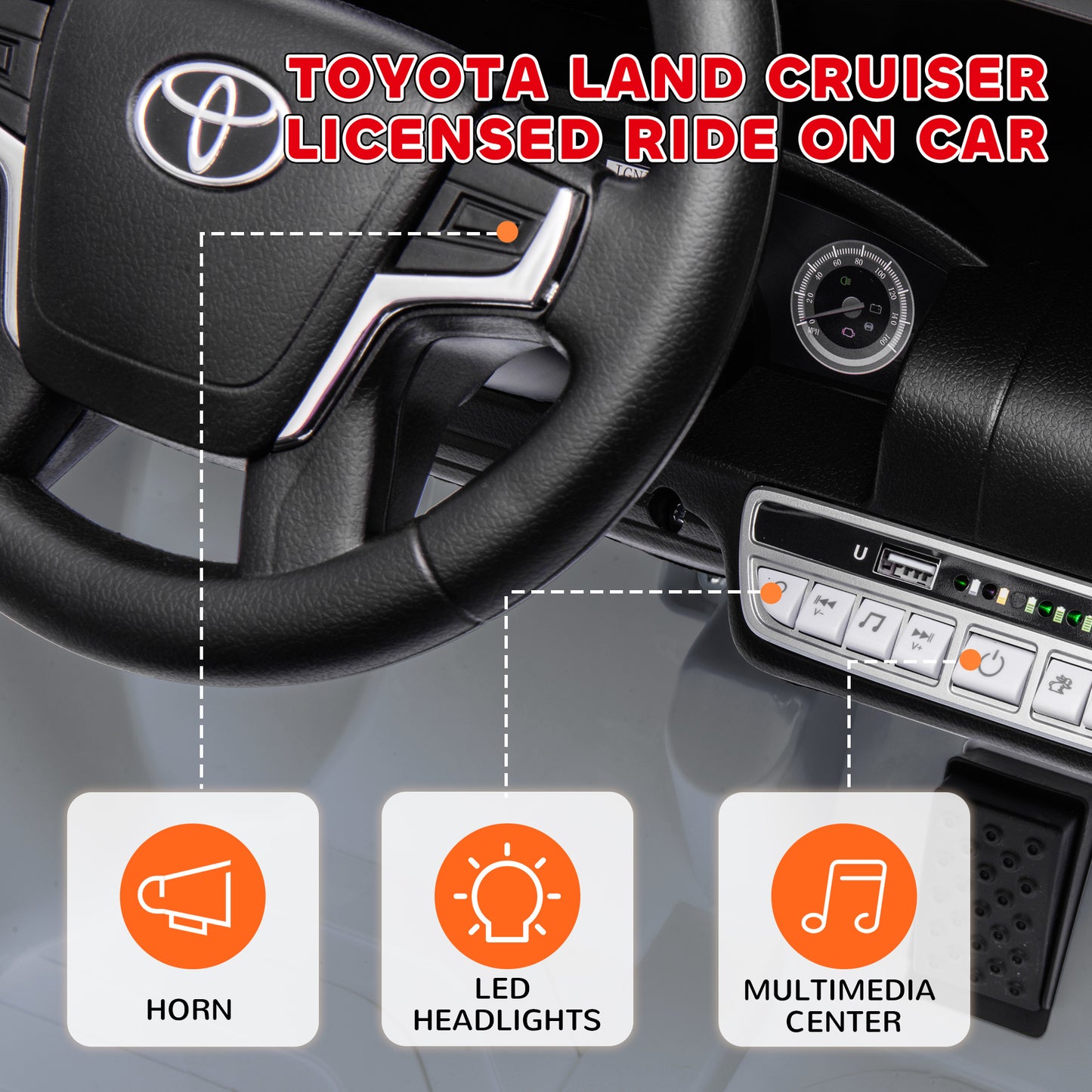 Qaba 12V Toyota LAND CRUISER Licensed Kids Car w/ Remote Control, Four Wheel Spring Suspension, Soft Start, LED Light, Grey