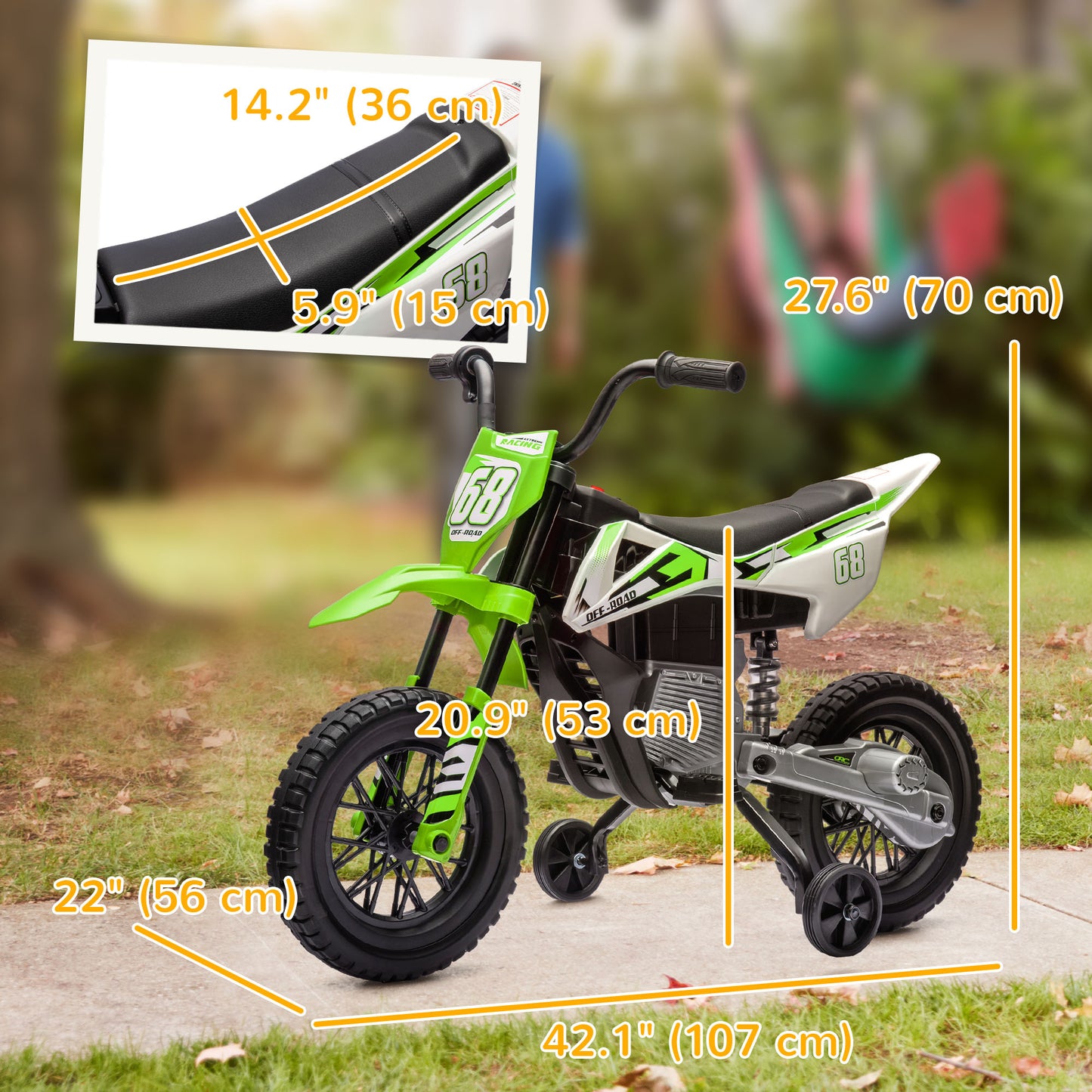 Qaba 12V Kids Dirt Bike, Electric Motorcycle with Twist Grip Throttle, Training Wheels, Rear Suspension & Music, Green