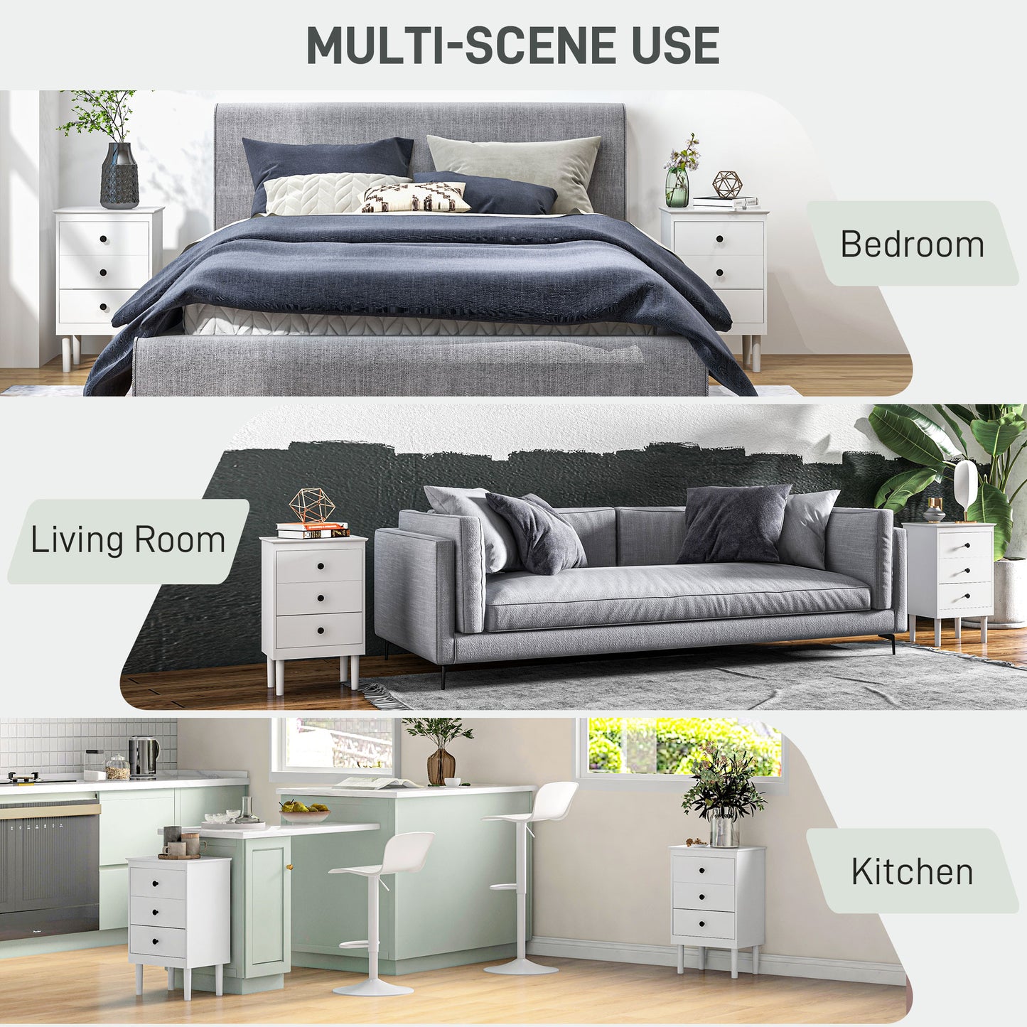 Set of Two Three-Drawer Modern Bedside Tables for Bedroom, White