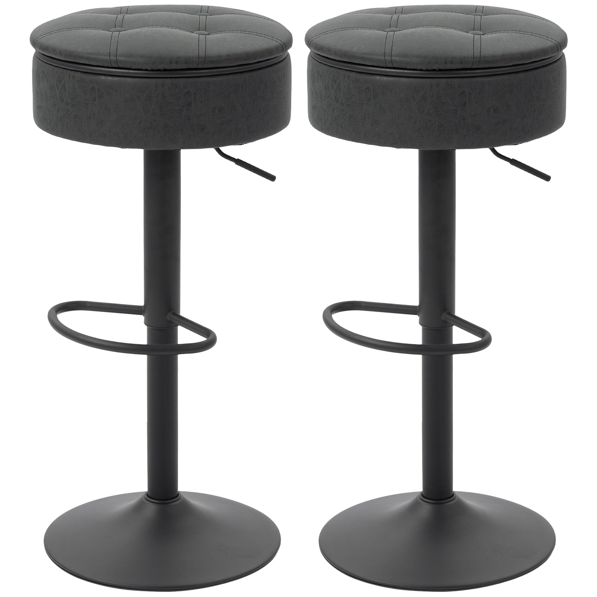 Set of 2 Barstools with Storage, Swivel Bar Stools with PU Leather Upholstered, Footrest, Steel Base, Black