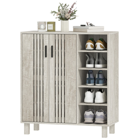 Shoe Storage with Double Doors and Open Shelves 17 Pair Shoe Storage Organizer for Entryway Hallway Light Grey