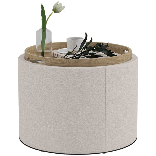 Round Coffee Table, End Table with Hidden Storage and Tray Top, Linen Upholstered Footrest for Living Room
